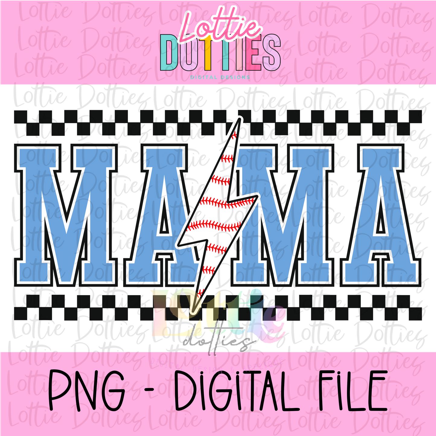 Mama Baseball lightning bolt - Light Blue Black Checkered - PNG - Design Sublimation - Digital Download