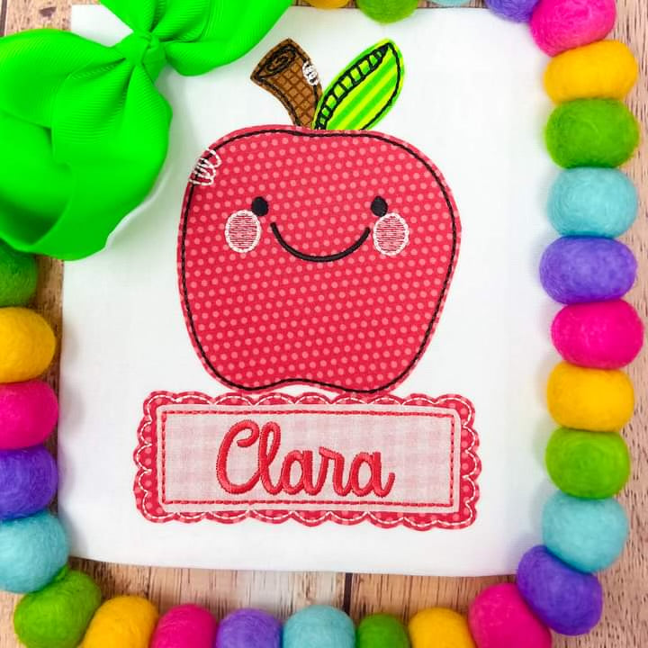 Apple with Name Banner - Machine Embroidery Applique Design - Applique - Instant Download