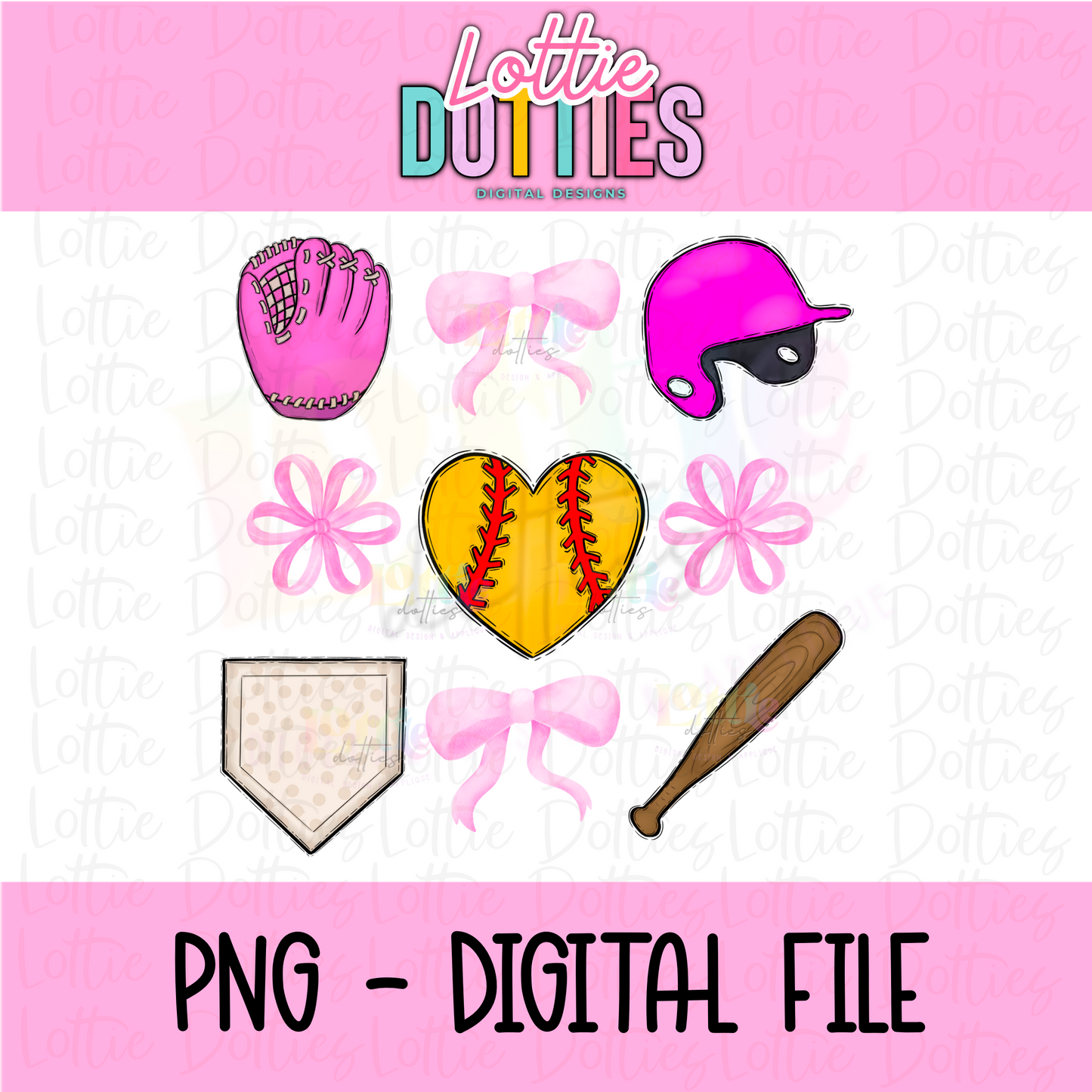 Softball Png - Softball Pink Bows Sublimation File - Instant Download - Digital Download