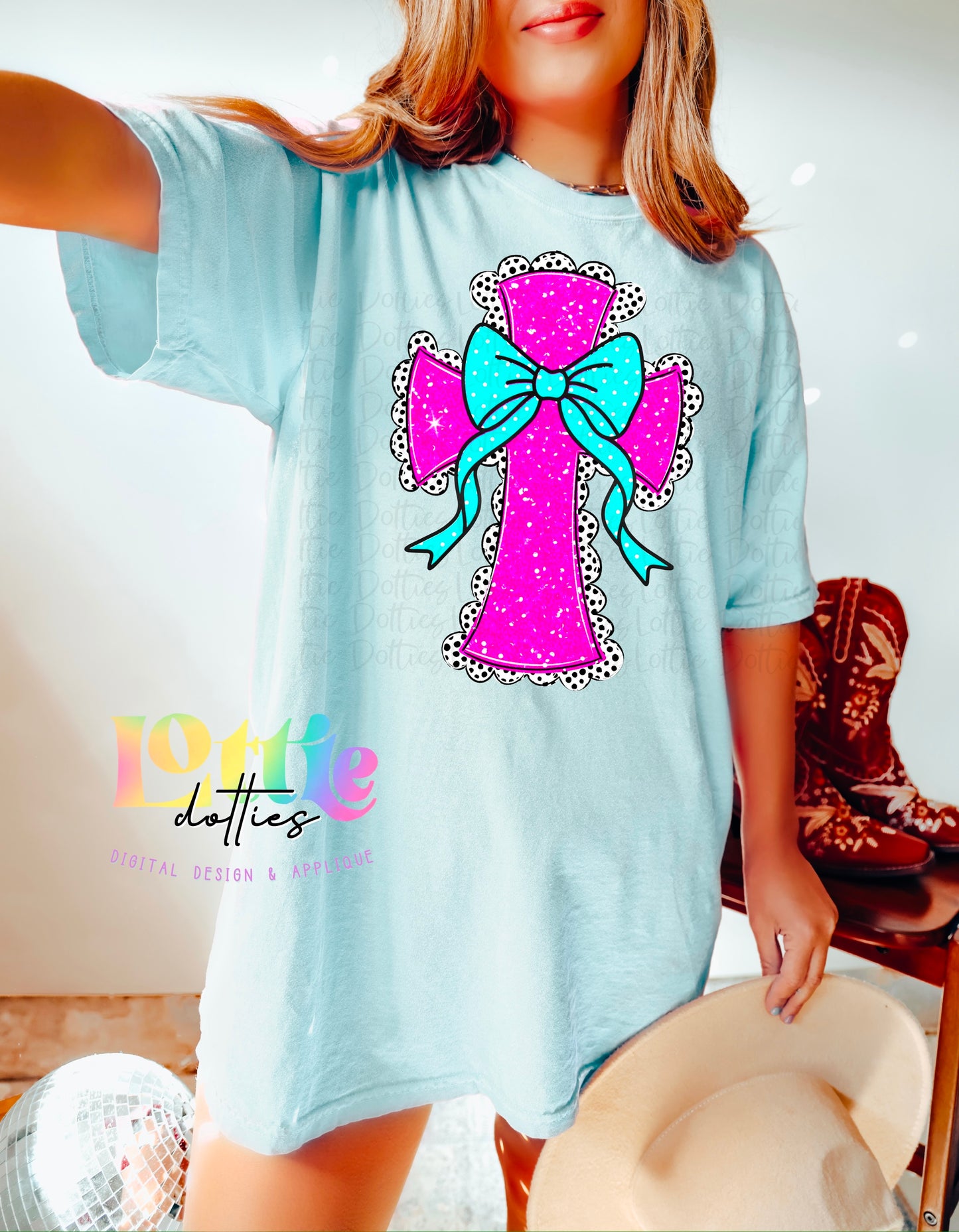 Cross PNG - Pink Cross Blue Bow Sublimation - Digital Download