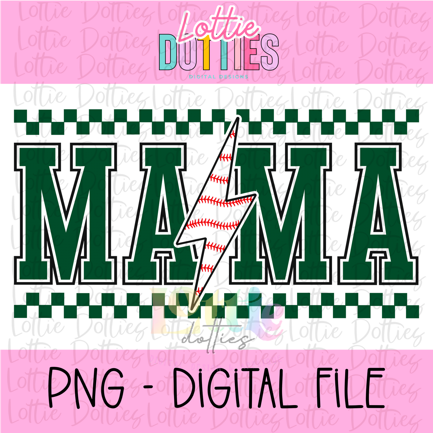 Mama Baseball Lightning Bolt- Dark Green - PNG - Design Sublimation - Digital Download