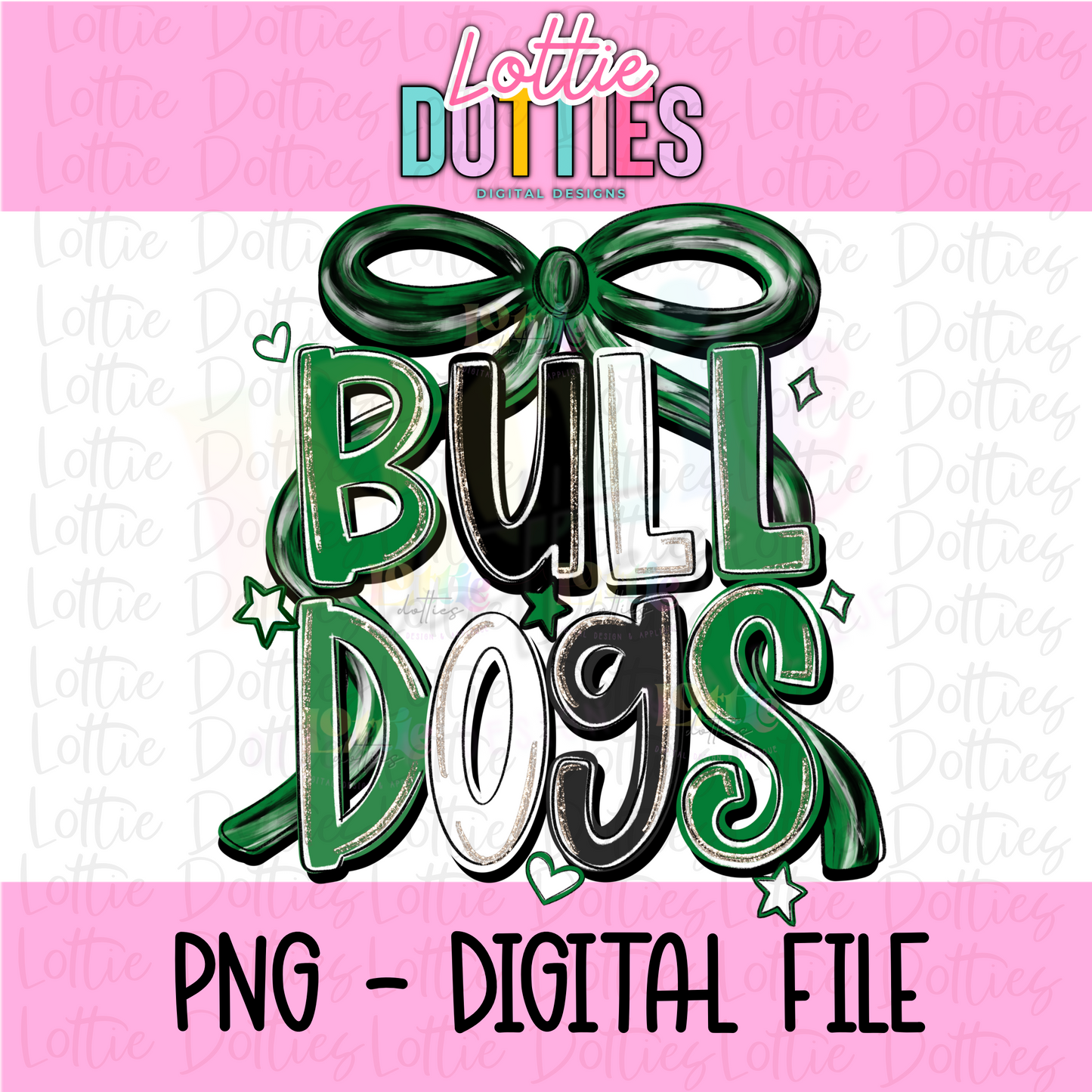 Bulldogs PNG - Green & Black Bow Design Sublimation design - Digital Download