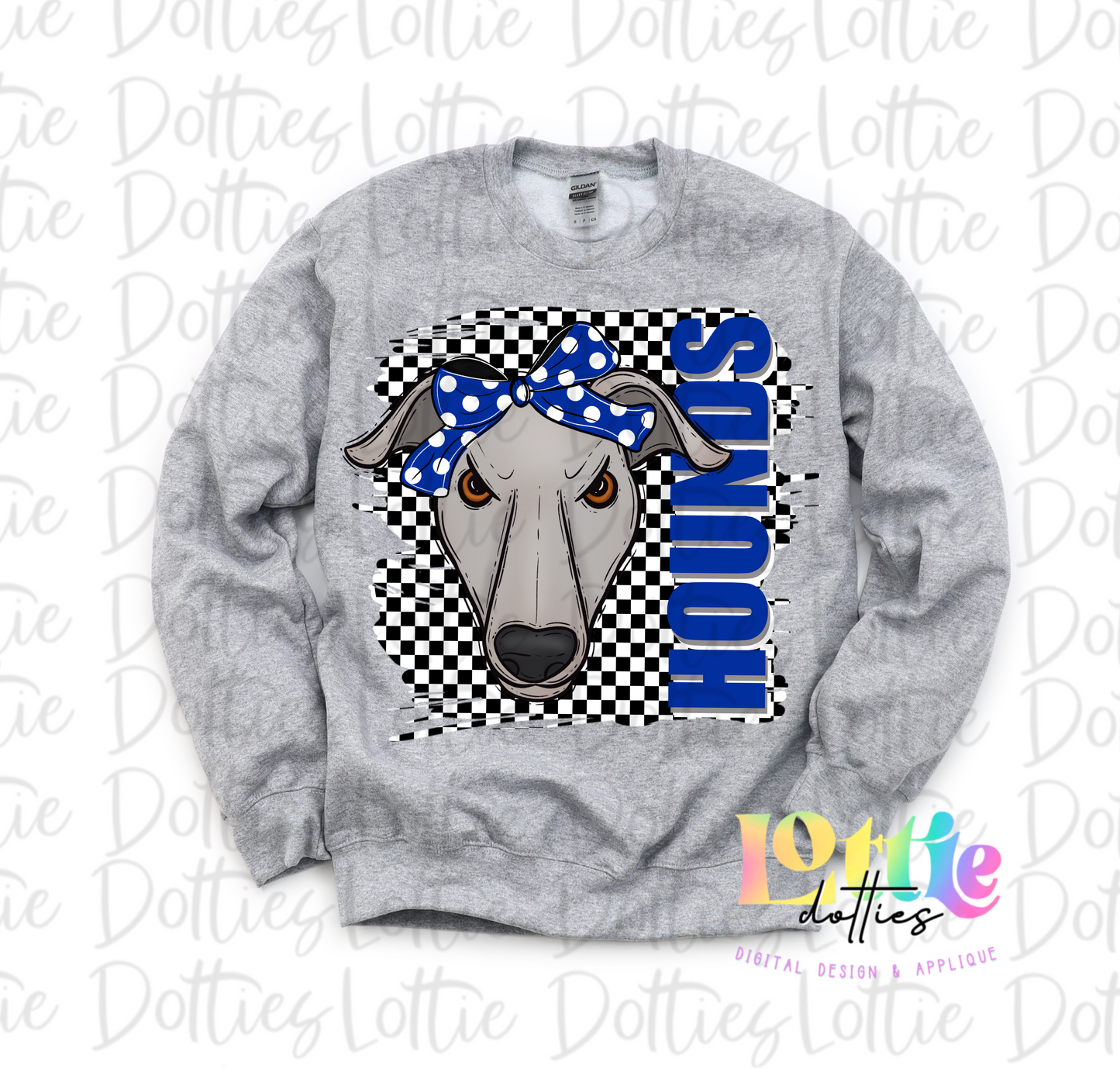 Hounds Mascot PNG - Neon Mascot Designs - Digital Download - Checkered Mascot with Bow Royal