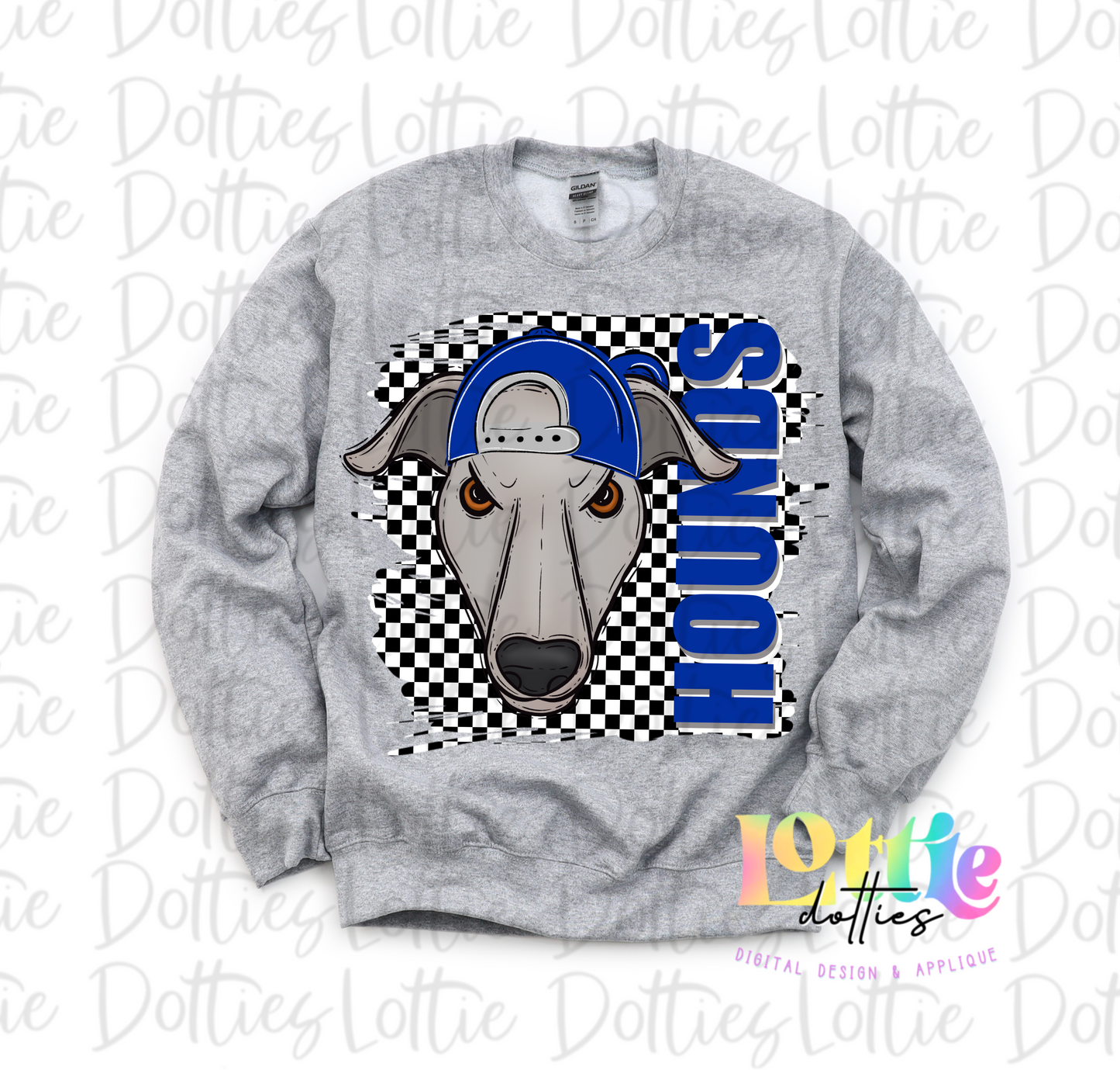 Hounds Mascot PNG - Neon Mascot Designs - Digital Download - Checkered Mascot with Hat Royal