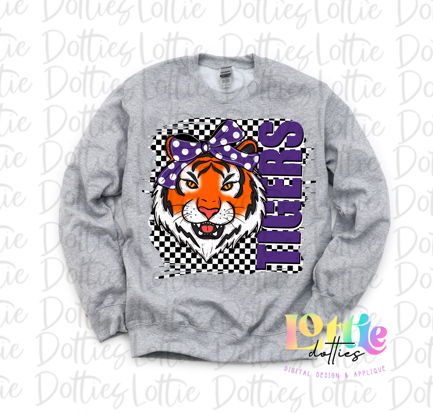 Tigers Poppy PNG - Tigers sublimation design - Digital Download - Checkered mascot with Bow Purple