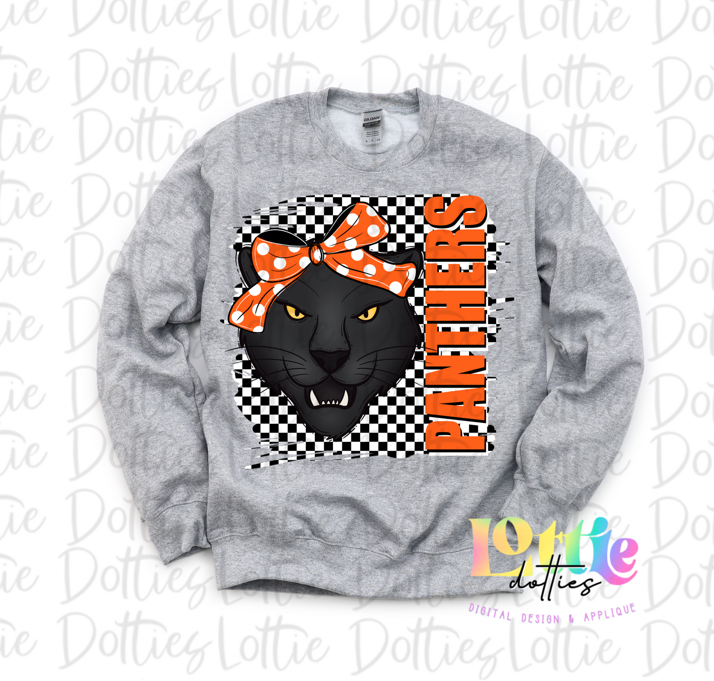 Panthers PNG - Digital Download - Sublimation - Checkered Mascot with Bow Orange