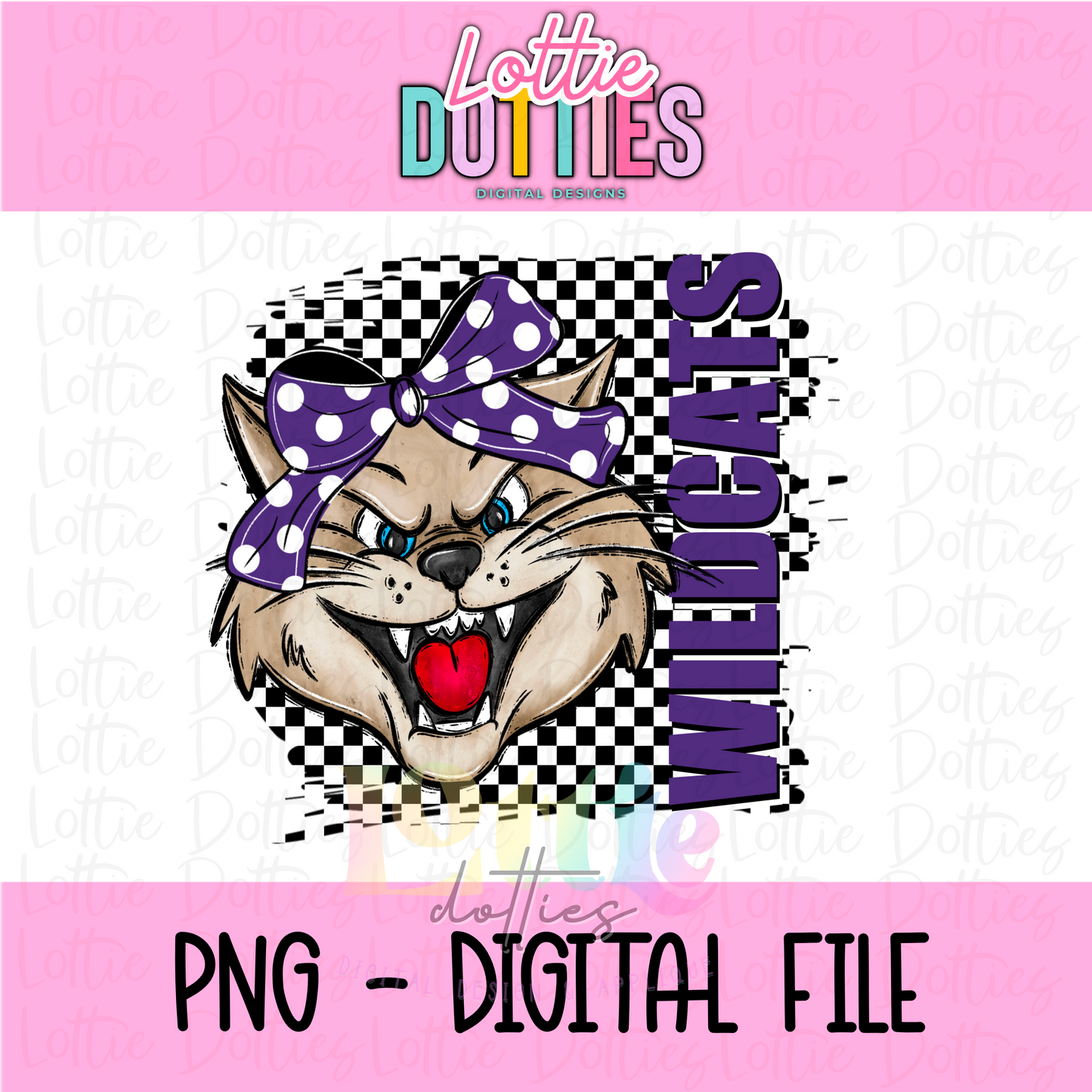 Wildcats Poppy Png - Wildcats Sublimation Design - Digital Download - Checkered Mascot with Bow Purple