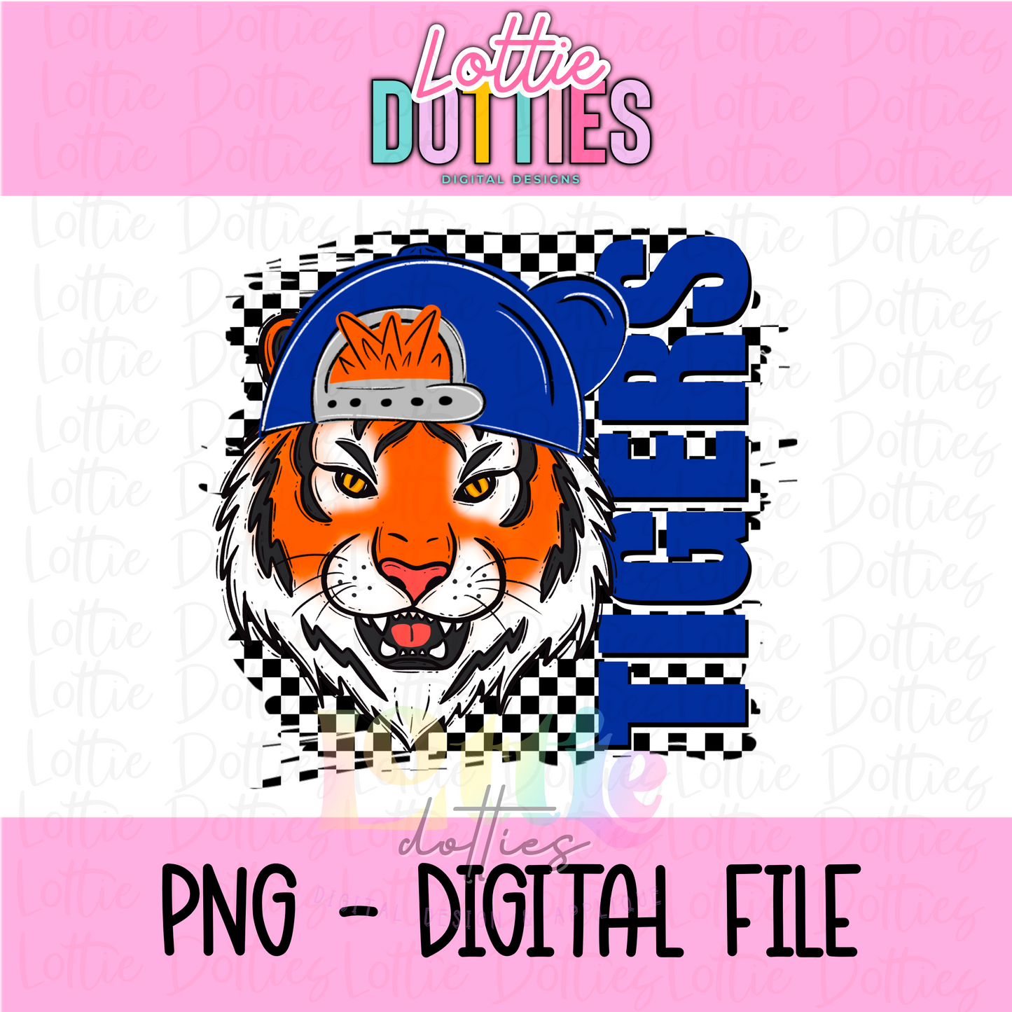 Tigers Poppy PNG - Tigers sublimation design - Digital Download - Checkered mascot with Hat Royal