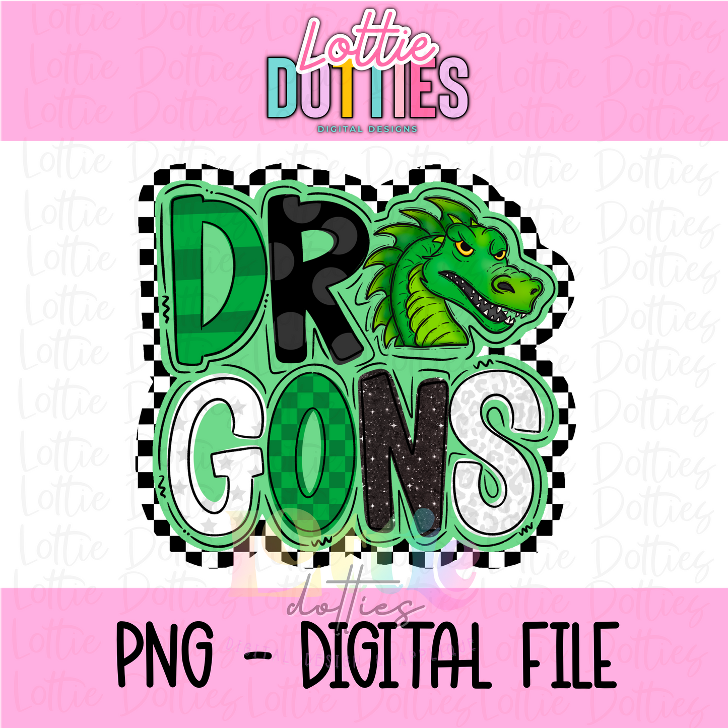 Dragons PNG - Digital Download - Dragons Sublimation - Poppy Checkered mascot Green