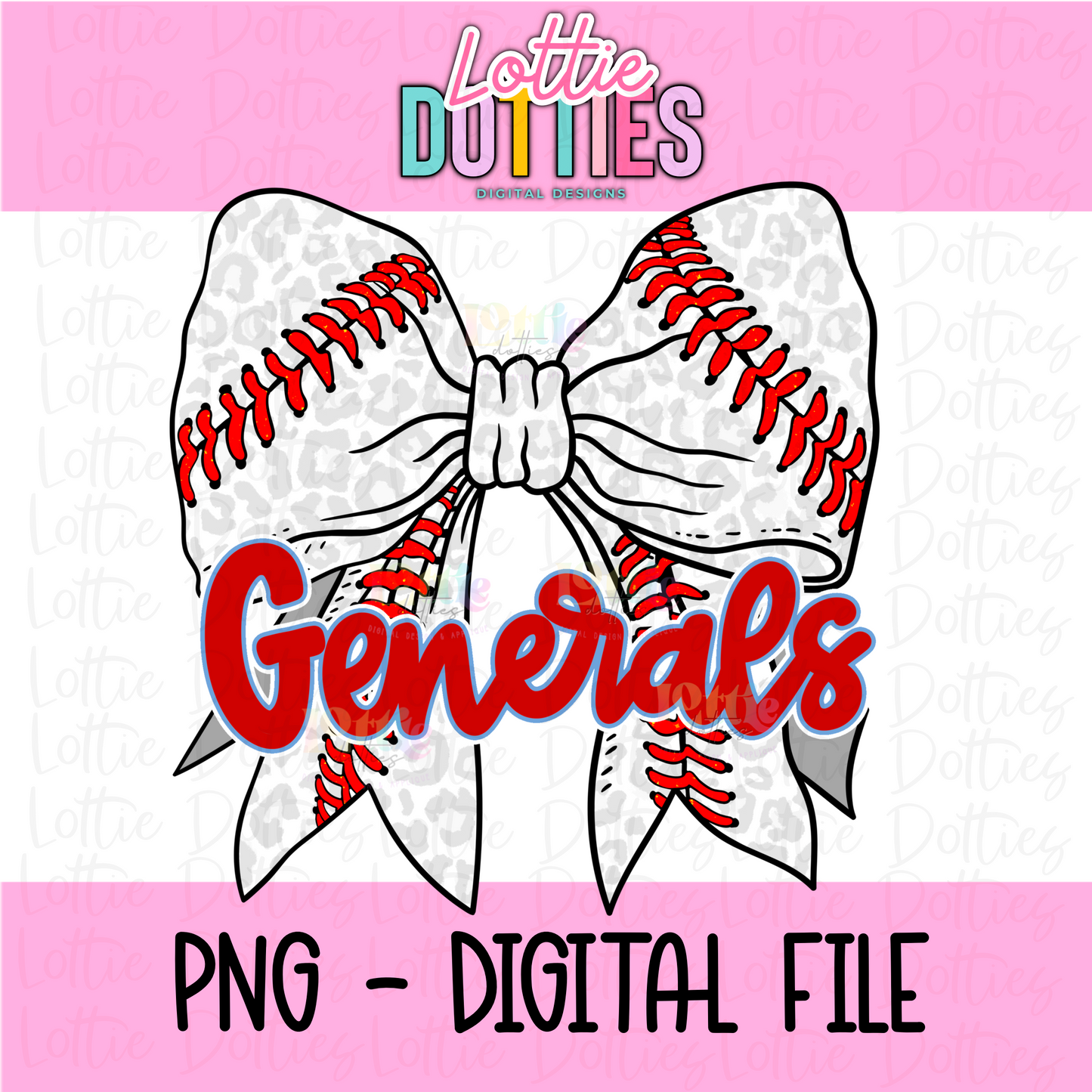 Bow Generals Baseball PNG - Generals Sublimation - Digital Download - Red and Blue