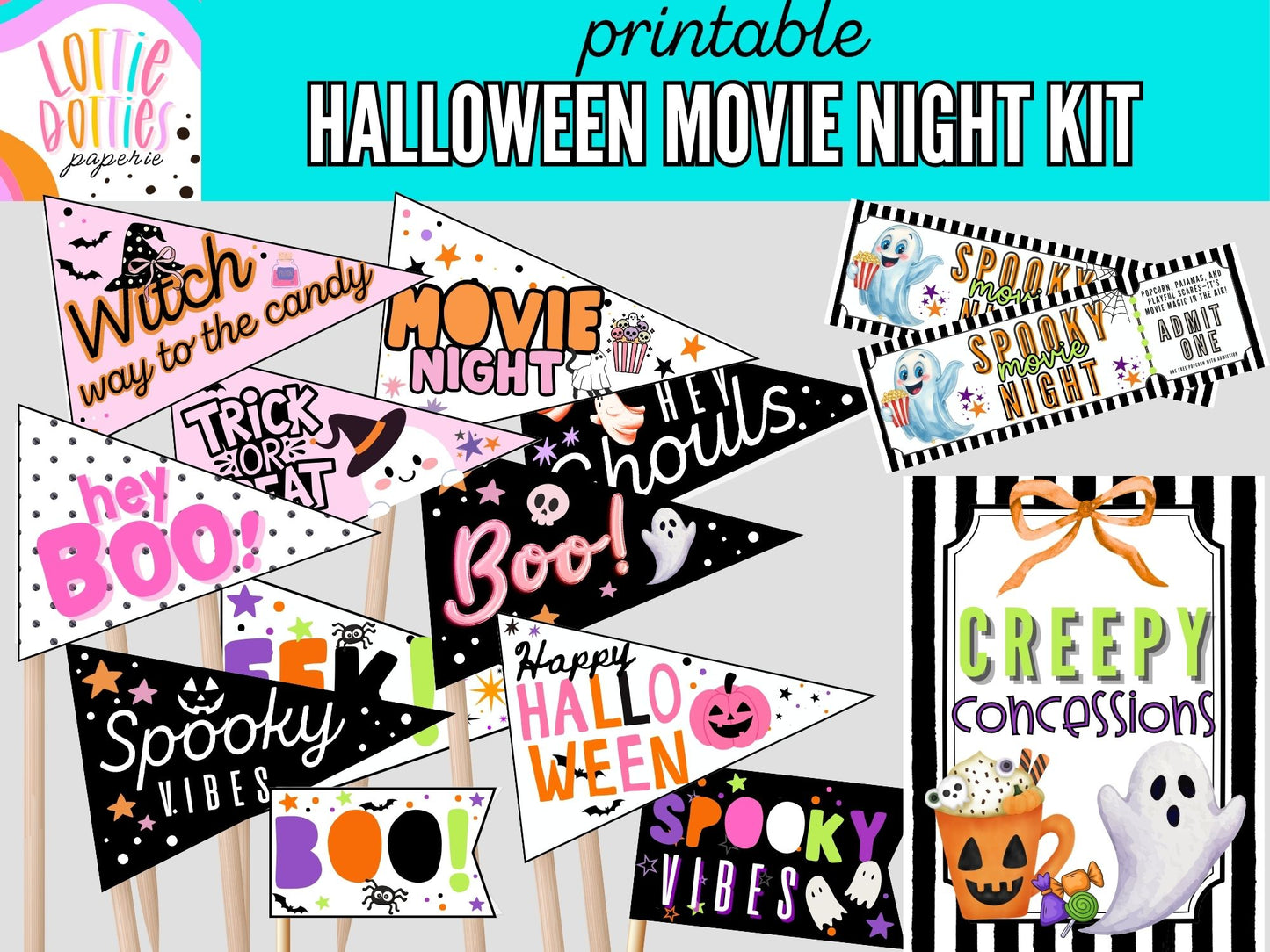 Printable Halloween Movie Night Kit | Spooky Movie Tickets, Pennant Flags & Creepy Concessions Sign | Halloween Party Decor Printable Set