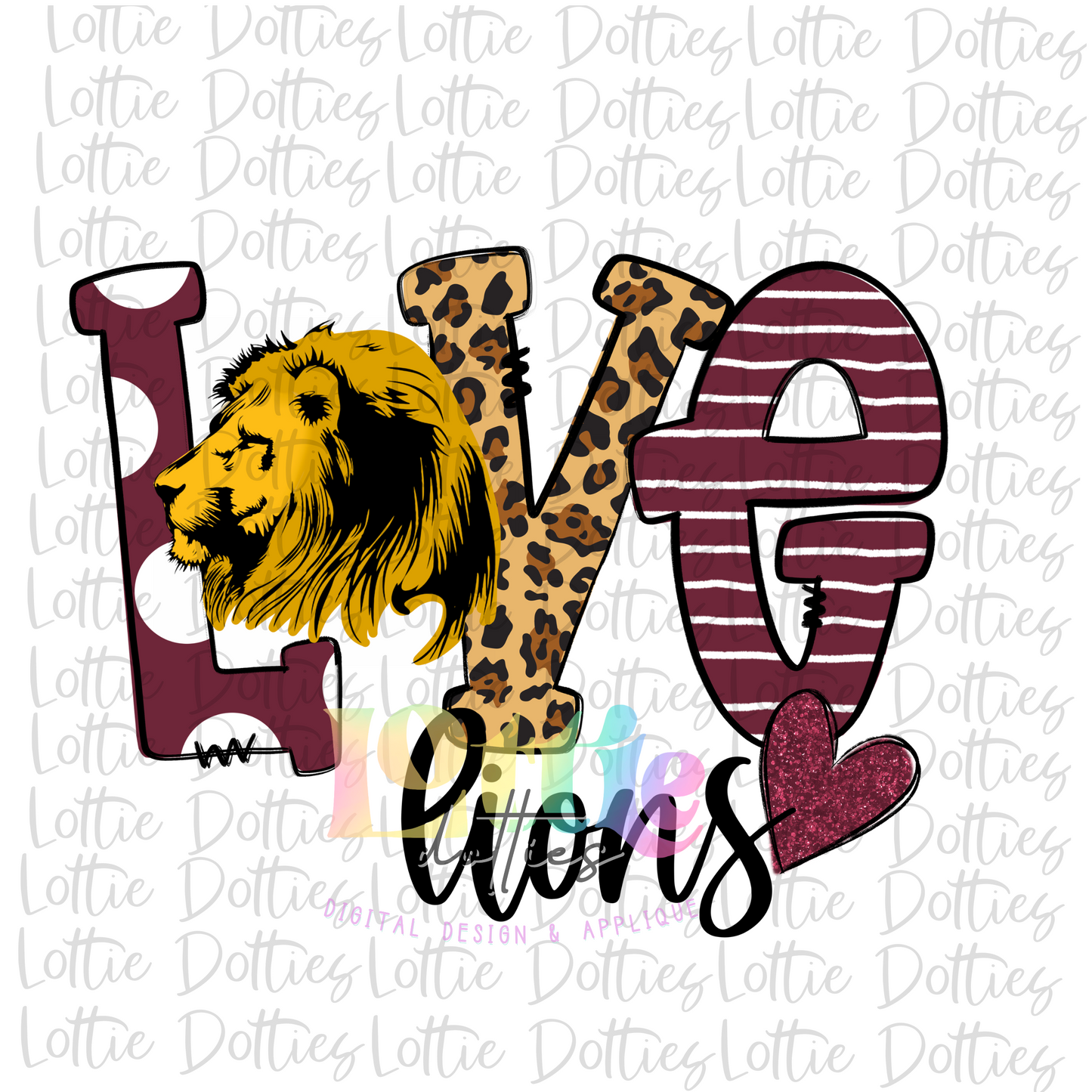Love Lions PNG - Lions - Sublimation Design - Digital Download - Maroon and White