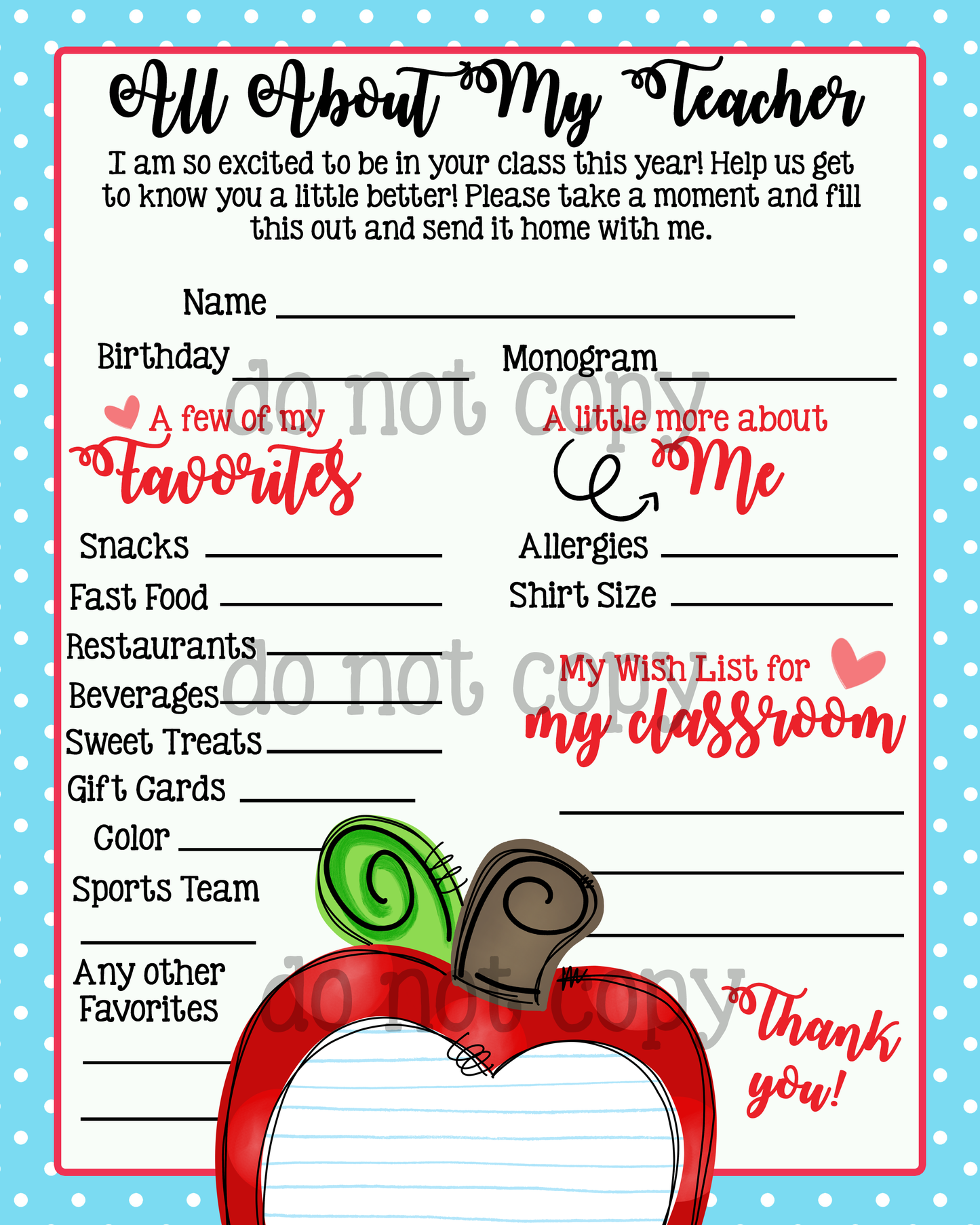 Get to Know My Teacher Note Template - Apple Page