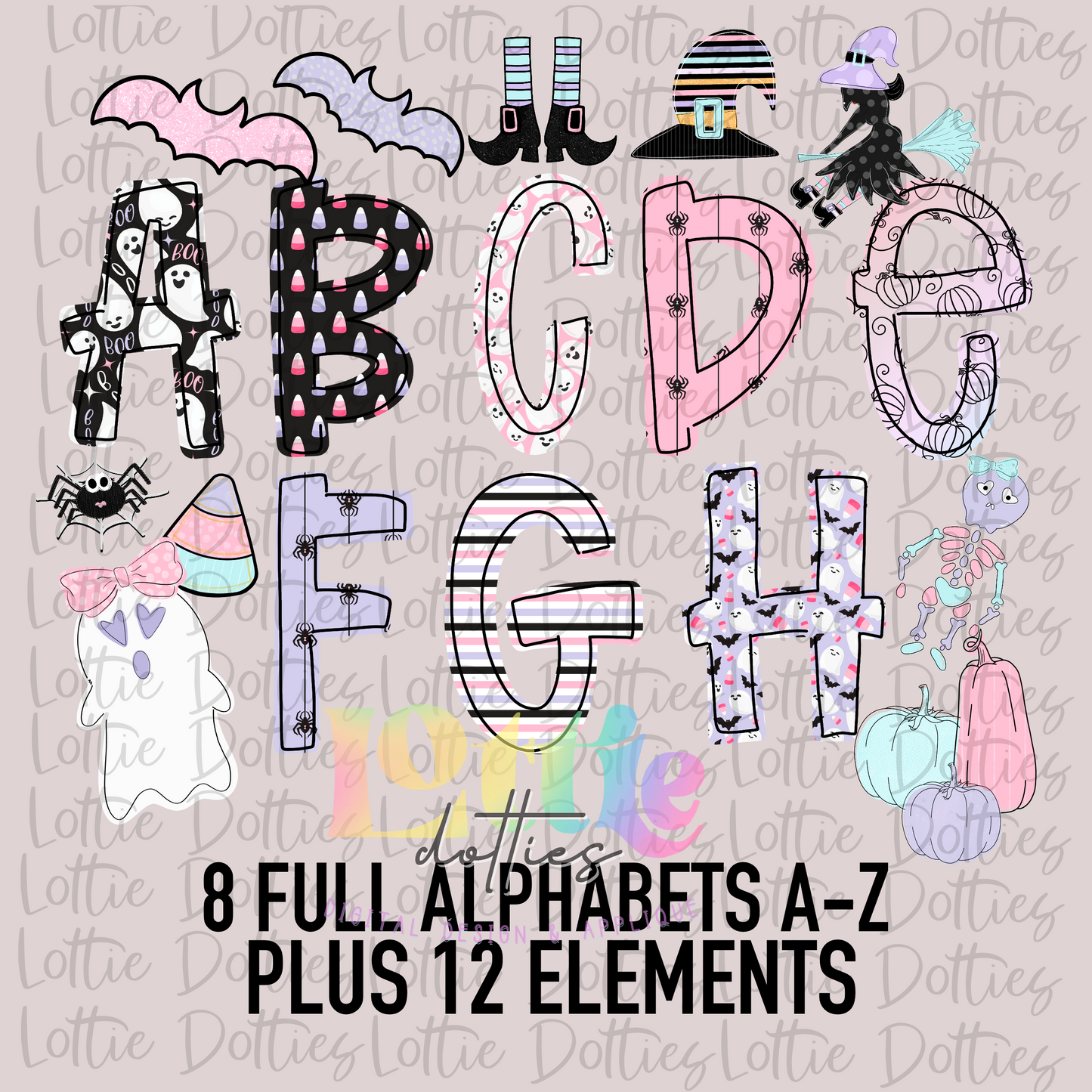 Pastel Halloween Lettered Alphabet - Alpha Pack - Alphabet Clipart - Instant Download - Girl Alpha Pack