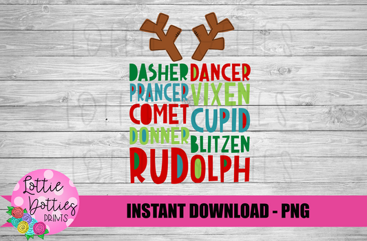 Reindeer Names  Png - Christmas Sublimation- Digital Download