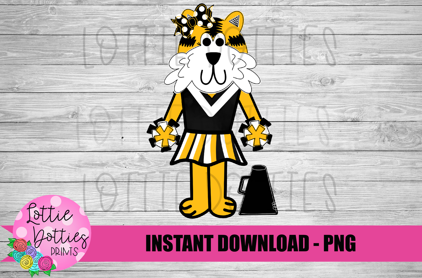 Tiger Cheerleader Png - Black and Gold Bow - Football Sublimation Design