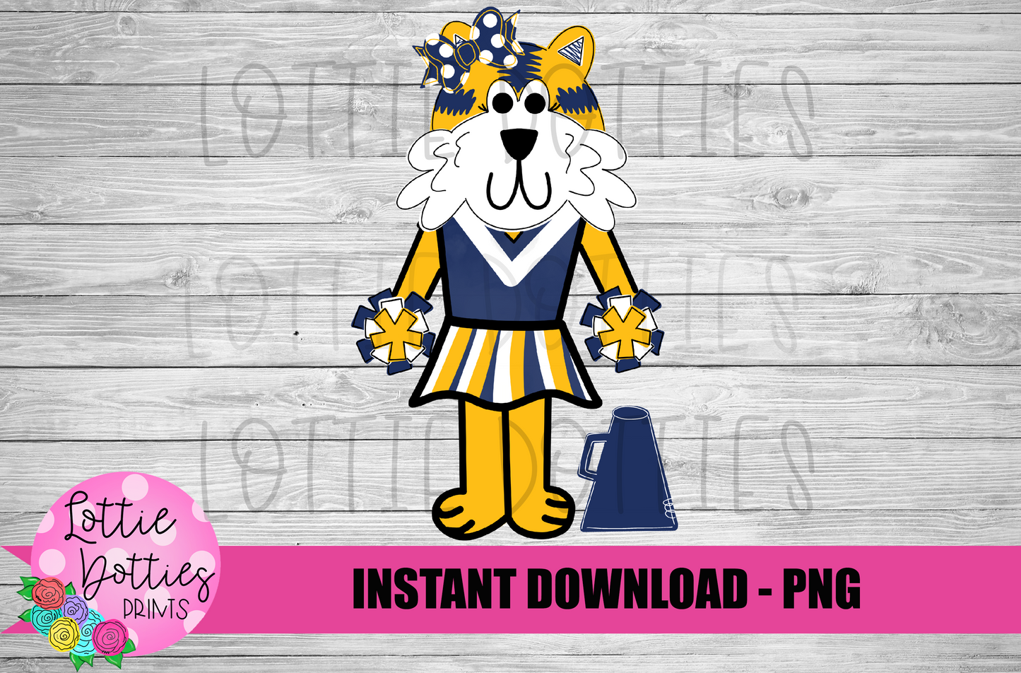 Tiger Cheerleader Png - Navy and Gold Bow - Football Sublimation Design