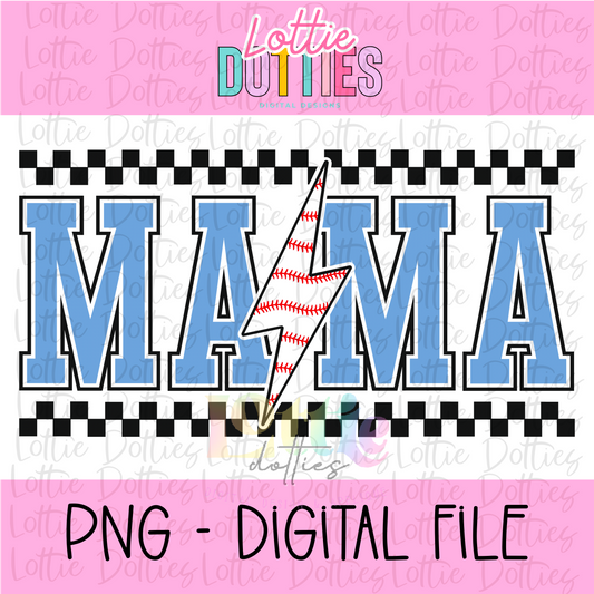 Mama Baseball lightning bolt - Light Blue Black Checkered - PNG - Design Sublimation - Digital Download