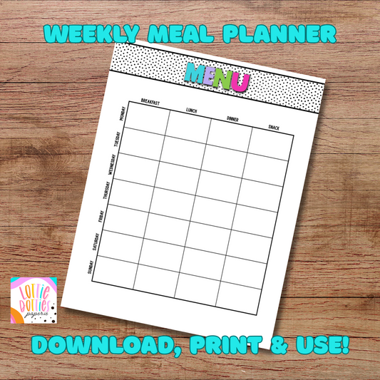 Printable Weekly Meal Planner | Editable Menu Template | Breakfast, Lunch, Dinner & Snack Organizer