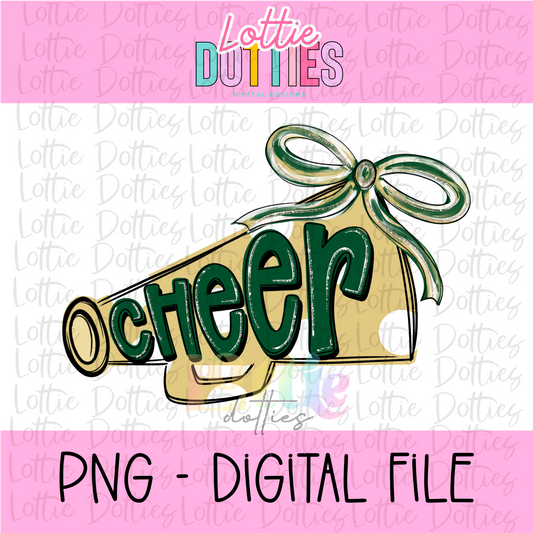 Cheer Megaphone PNG - Green & Vegas Gold Sublimation design - Digital Download