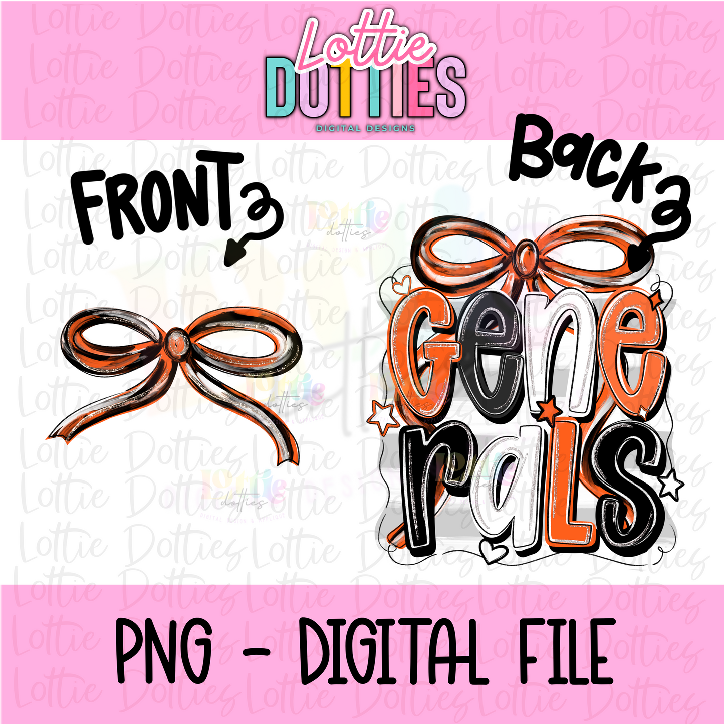 Generals PNG - Orange & Black bow design - Digital Download - coquette mascot