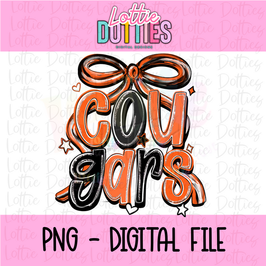 Cougars PNG - Orange & Black Bow Sublimation design -   Digital Download