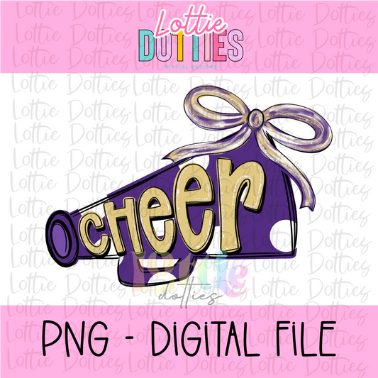 Cheer Megaphone PNG -  Purple & Vegas Gold Sublimation design - Digital Download