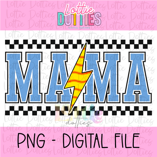 Mama Softball lightning bolt-  Light Blue Black Checkered - PNG - Design Sublimation - Digital Download