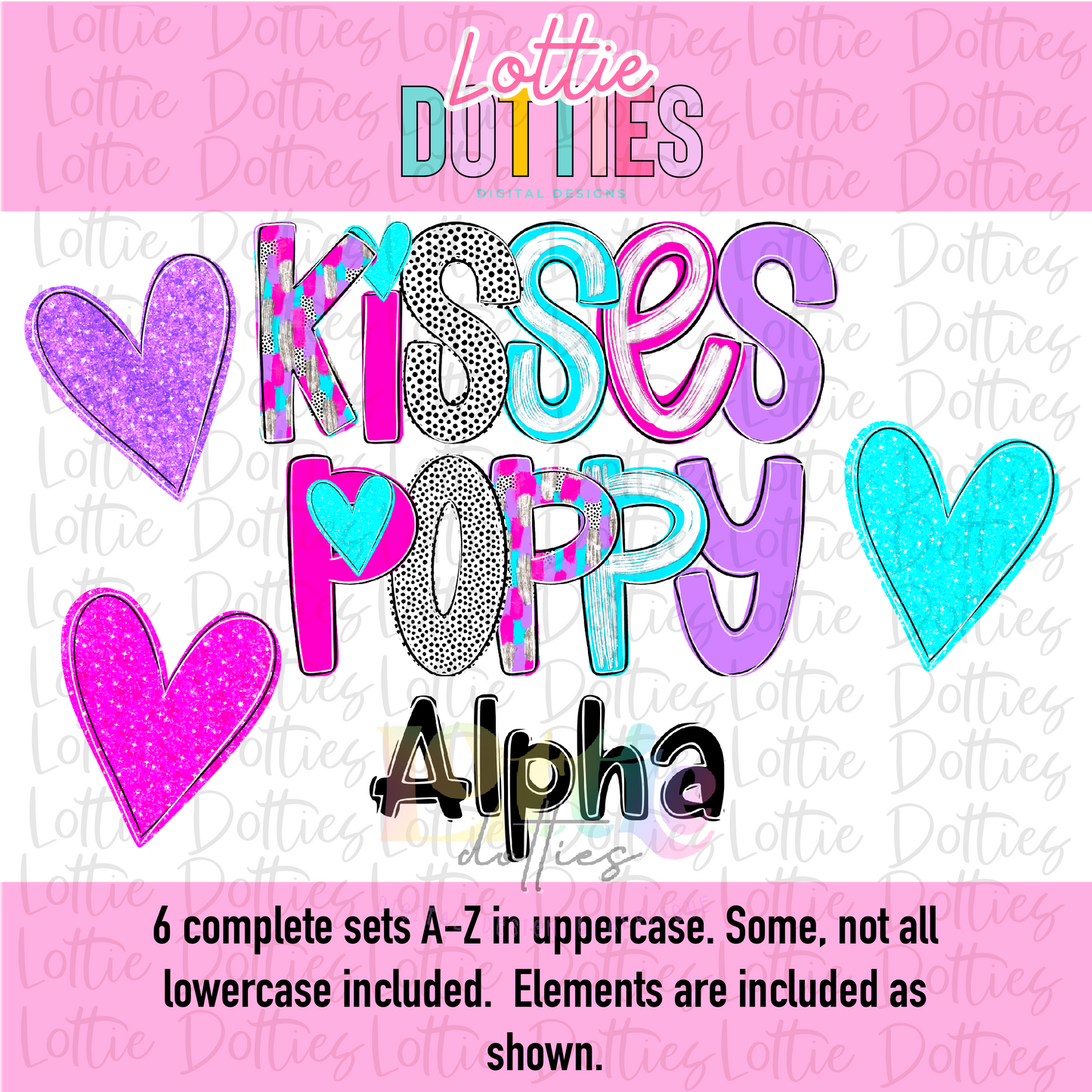 Kisses Poppy Alpha - Whimsical Valentine Poppy Alpha - Alphabet Clipart - Instant Download