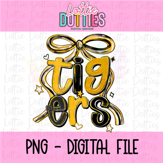 Tigers PNG - black & Gold Tiger Spirit - Sublimation - Digital Download - Tigers Bow Design - Coquette Mascot