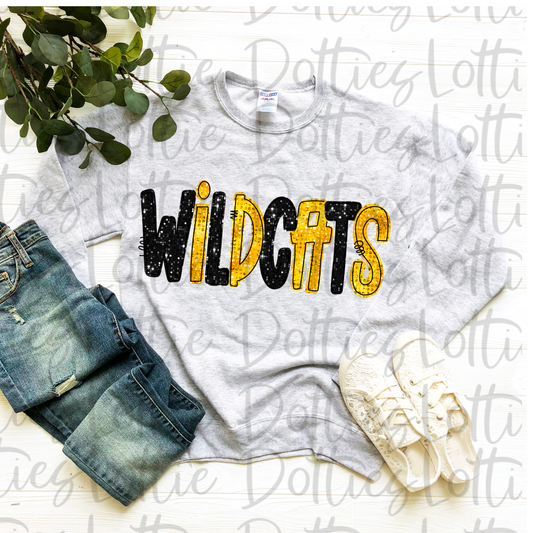 Wildcats PNG - Wildcats sublimation design - Digital Download - Black and Gold Rhinestone