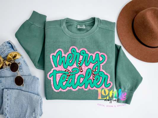 Merry Teacher PNG - School Design - Christmas SublimatiMion - Digital Download - Pink and Green