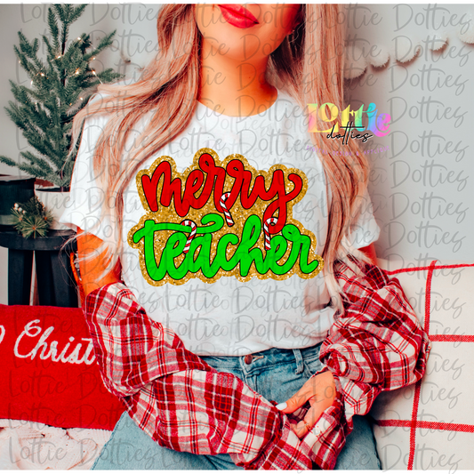 Merry Teacher PNG - School Design - Christmas SublimatiMion - Digital Download - Red, Green and Gold