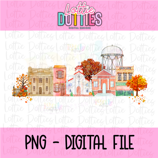 Small Town Fall Watercolor Scene | Cozy Autumn Digital Download Art