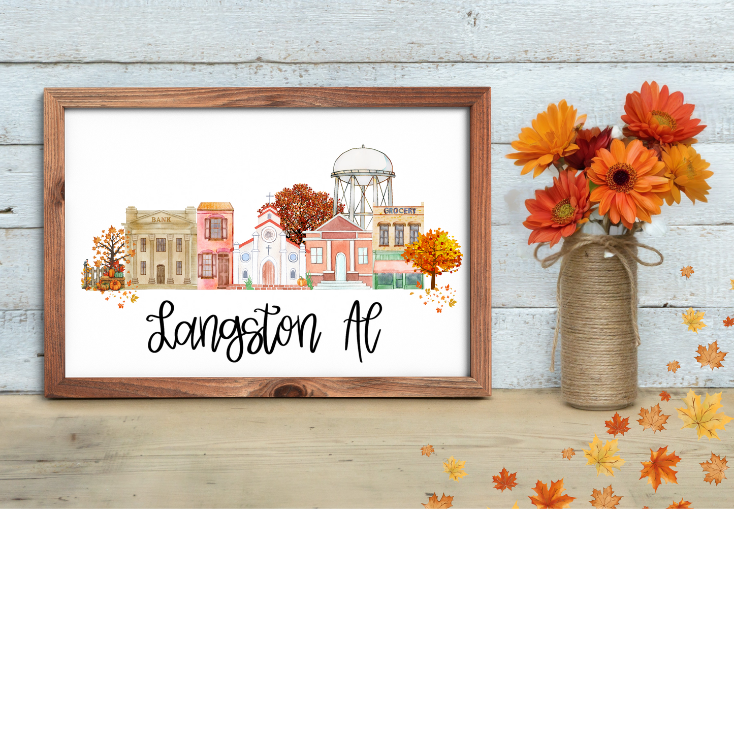 Small Town Fall Watercolor Scene | Cozy Autumn Digital Download Art