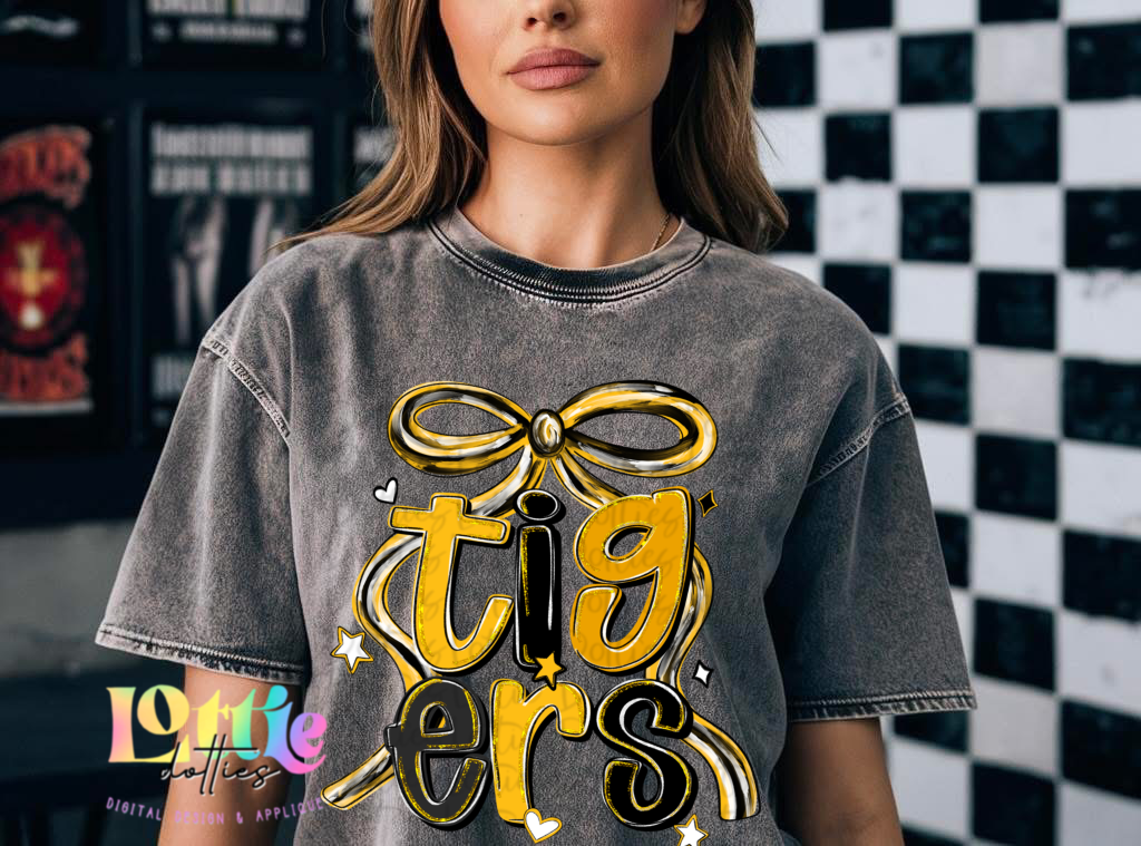 Tigers PNG - Tigers Black & Gold bow design - Digital Download - coquette mascot