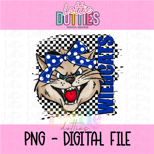 Wildcats Png -  Team spirit design - Digital Download - Checkered Mascot with Bow Royal