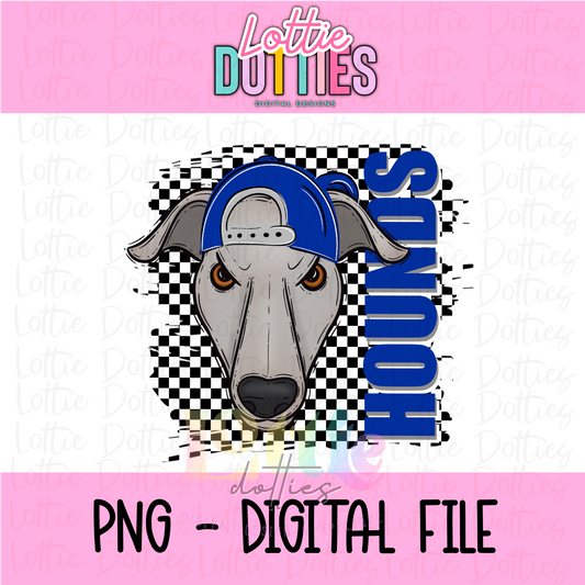 Hounds Mascot PNG - Neon Mascot Designs - Digital Download - Checkered Mascot with Hat Royal