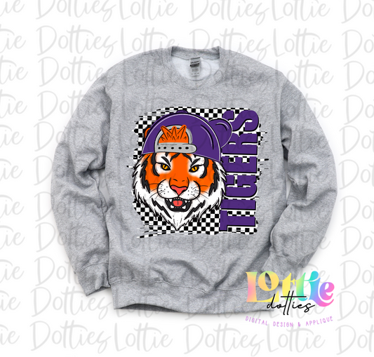 Tigers Poppy  PNG - Tigers sublimation design - Digital Download - Checkered mascot with Hat Purple