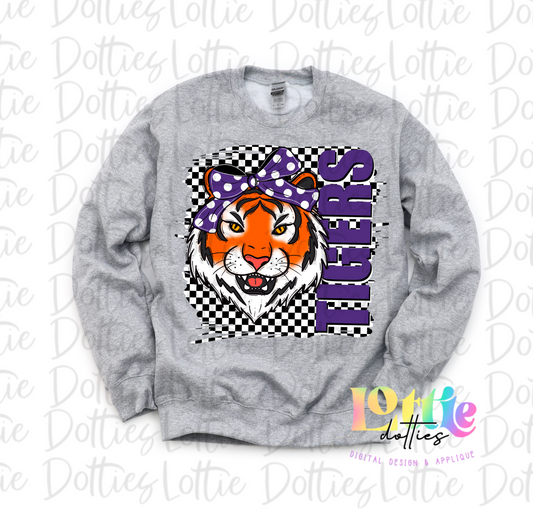 Tigers Poppy  PNG - Tigers sublimation design - Digital Download - Checkered mascot with Bow Purple