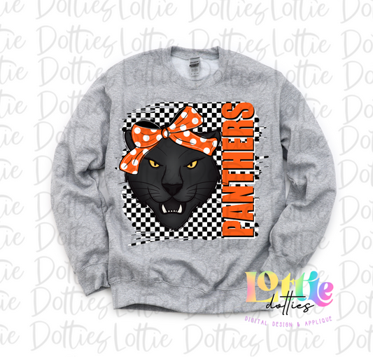 Panthers  PNG - Digital Download - Sublimation - Checkered Mascot with Bow Orange