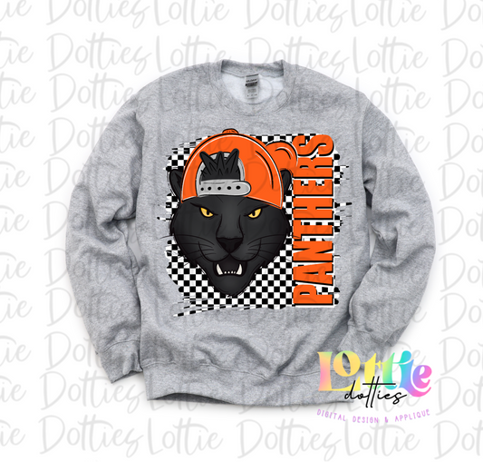 Panthers  PNG - Digital Download - Sublimation - Checkered Mascot with Hat Orange