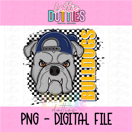 Bulldogs poppy PNG - Digital Download - Bulldogs Sublimation Design - Checkered Mascot with Hat Navy and Gold