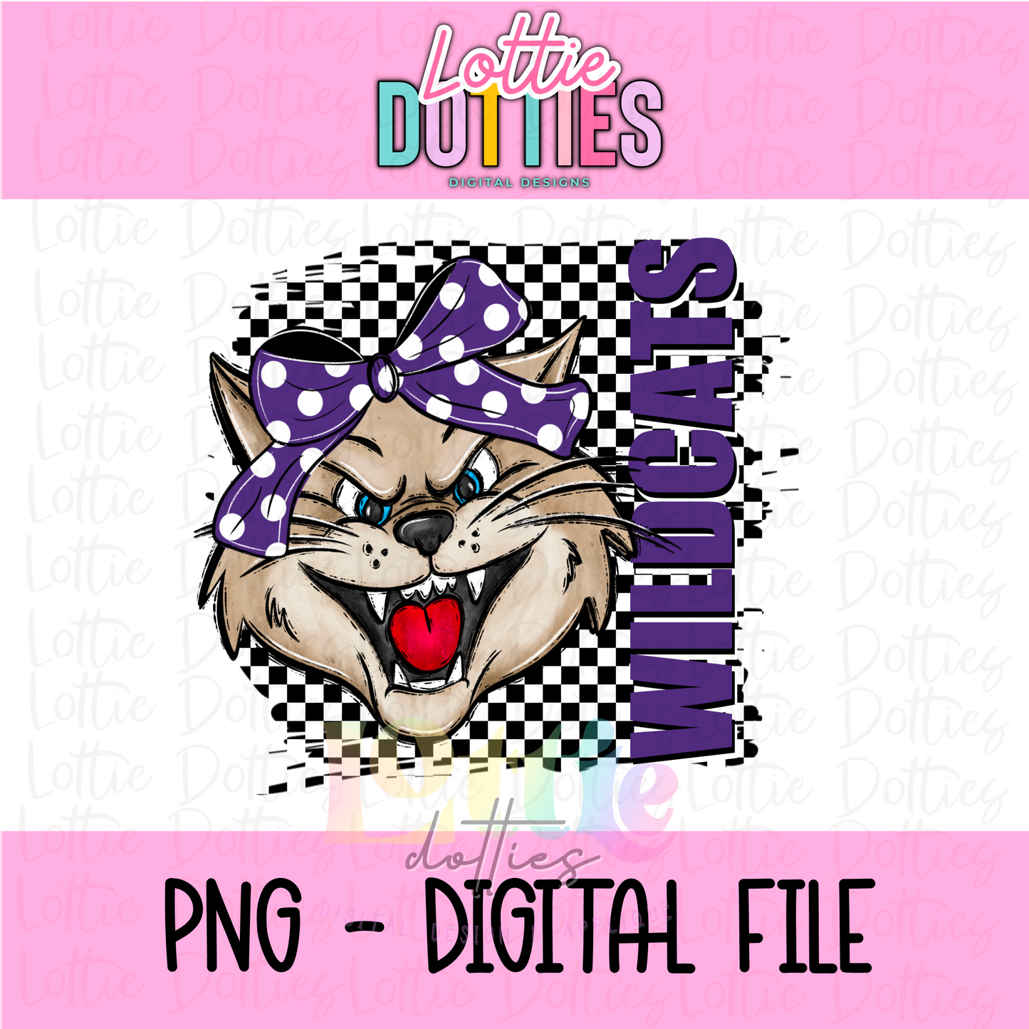 Wildcats Poppy  Png - Wildcats  Sublimation Design - Digital Download - Checkered Mascot with Bow Purple