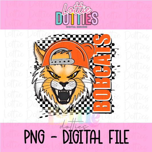 Bobcats Mascot PNG - Poppy Mascot Designs - Digital Download - Checkered Mascot with Hat Orange