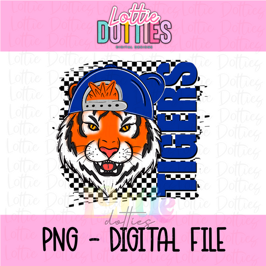 Tigers PNG - Tigers sublimation design - Digital Download - Checkered mascot with Hat Royal