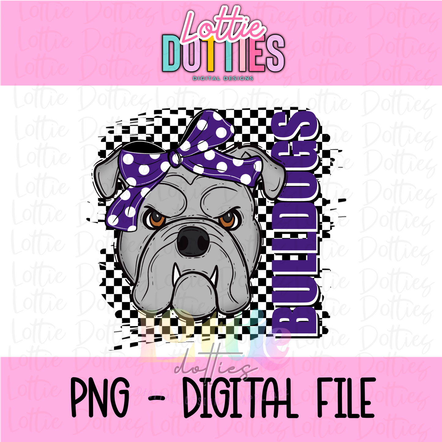 Bulldogs poppy PNG - Digital Download - Bulldogs Sublimation Design - Checkered Mascot with Bow Purple