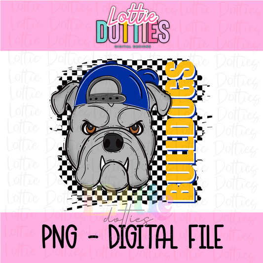 Bulldogs with Hat PNG - Digital Download - Bulldogs Sublimation Design - Checkered Royal and Gold