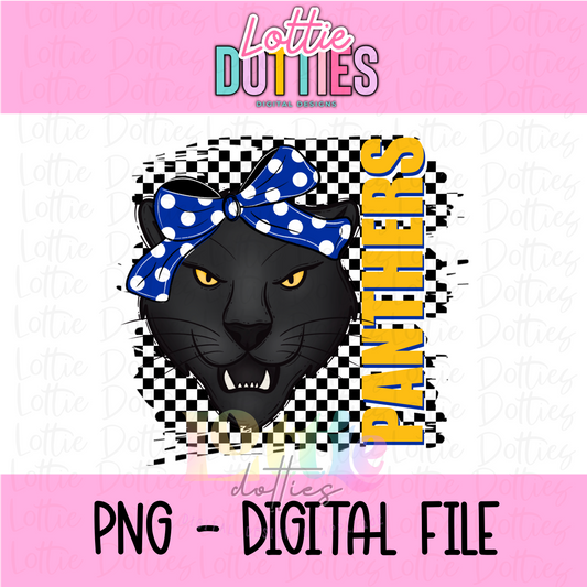 Panthers  PNG - Digital Download - Sublimation - Checkered Mascot with Bow Royal and Gold