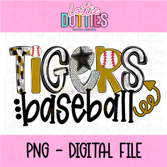 Tigers Baseball Png - Tigers Sublimation Design - Digital Download - Black and Vegas Gold